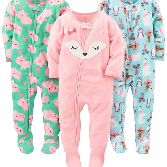 Girls Flame Resistant Fleece Footed Pajamas 3-Pack Loose Fit
